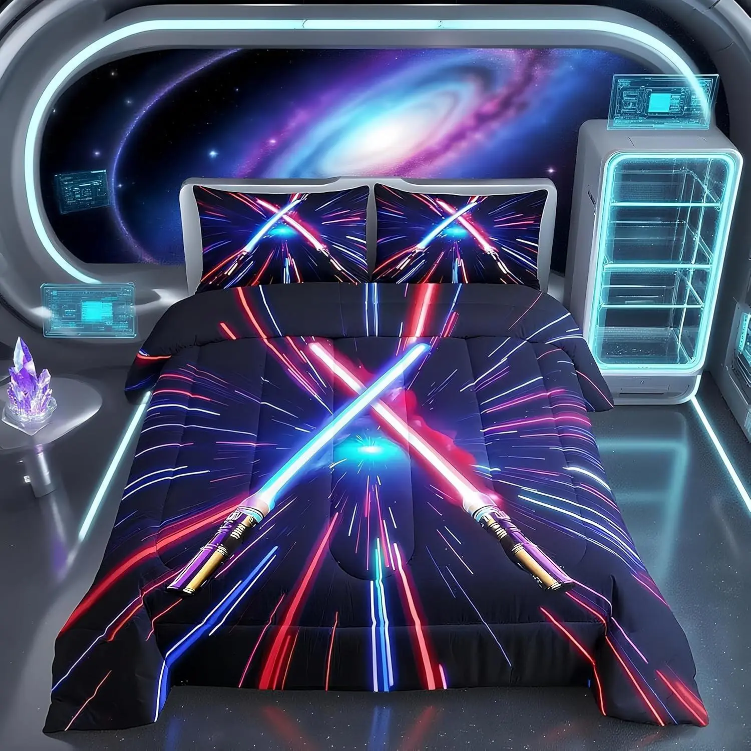Lightsaber Comforter Set,Geometric Lines Gradient Bedding Set for Kids Teens Boys Girls Room Decor,Future Technology Metaverse Quilt Set,Red Blue Duvet Insert