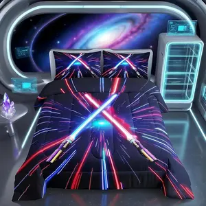 Lightsaber Comforter Set,Geometric Lines Gradient Bedding Set for Kids Teens Boys Girls Room Decor,Future Technology Metaverse Quilt Set,Red Blue Duvet Insert