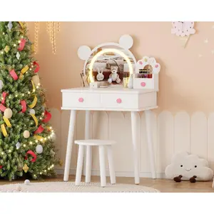 Kids Makeup Vanity Table and Stool Set with Lights,Cute Bear Shaped Dressing Tables,Wooden Princess Toddler Make Up Table Set with Storage Drawers &Stool, Pretend Play Vanity Sets for Little Girls