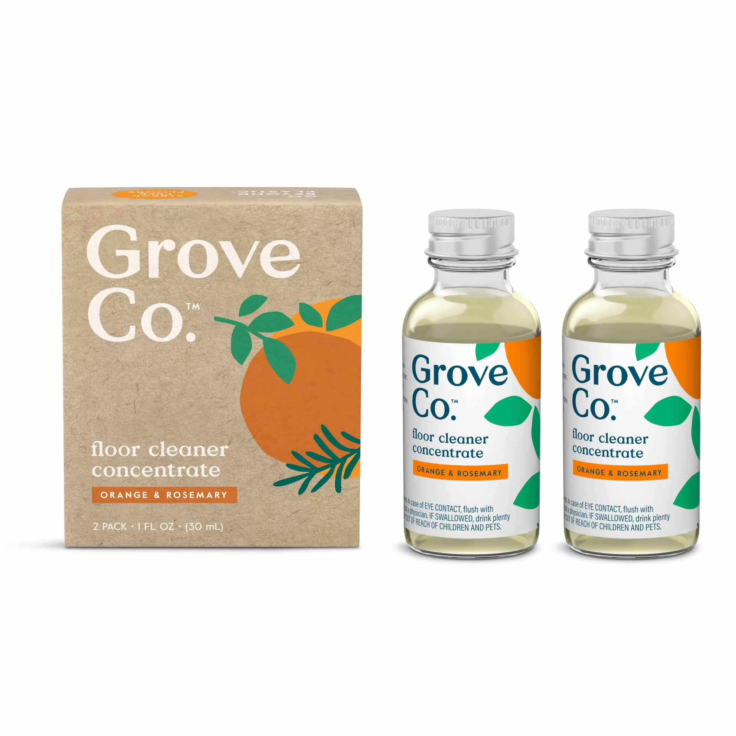 Grove Co. Floor Cleaner Concentrate 2-Pack 1oz Bottles - Home Cleaning Supply, Household Cleaning Products, 96% Bio-Based Formula, Dye Free, Phosphate Free, Safe for Tile, Granite, Wood, Laminate, Marble, Eco-Friendly