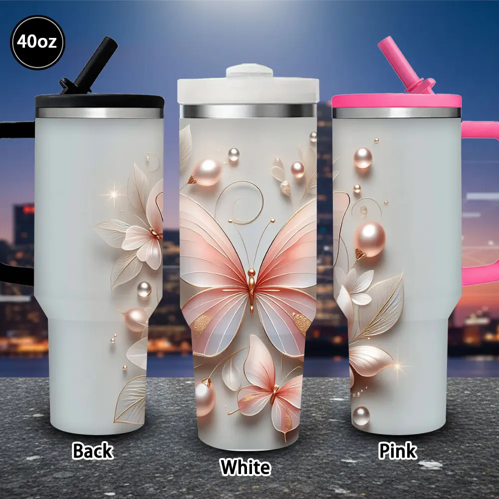 40oz Portable Butterfly & Pearls Insulated Flask Tumbler with Lid and Straw, Winter Travel Mug, Ideal Gift for Women, Perfect for Valentine’s Day & Birthday, Iced/Hot Coffee Cup
