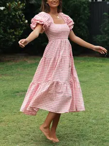 Women's Gingham Print Bubble Sleeve Dress, Casual Short Sleeve Square Neck A Line Dress for Summer, Women's Clothing for Daily Wear, Casual Dresses