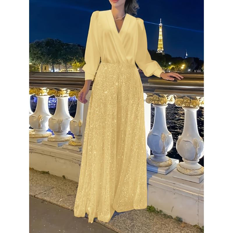 [Glamorous Emerald Dress] Elegant Emerald Green Sequined V-Neck Maxi Dress - A-Line Evening Gown for Women, Polyester Spandex Blend, Long Sleeve, Perfect for Spring & Fall, Glamorous Parisian Style, Fall Clothing | Aline Silhouette