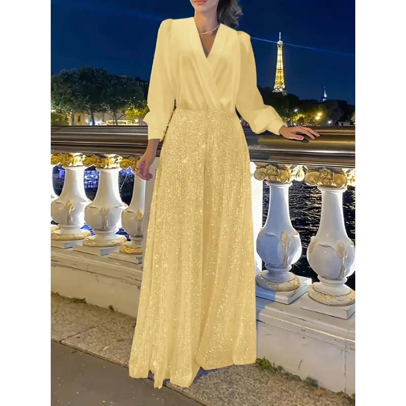 [Glamorous Emerald Dress] Elegant Emerald Green Sequined V-Neck Maxi Dress - A-Line Evening Gown for Women, Polyester Spandex Blend, Long Sleeve, Perfect for Spring & Fall, Glamorous Parisian Style, Fall Clothing | Aline Silhouette