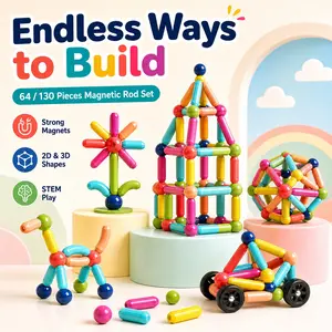 Children Magnetic Rod Building Toy Set, 64/130 Pieces Strong Magnet Blocks, Stem Educational Construction Kit, Creative Playset for Ages 3+