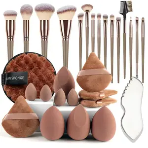 Multi-Functional Coffee Color Makeup Set, Multiple Makeup Brushes & Latex-Free Sponges, Ultra Soft, Powder-Light, Wet-Dry Use, Ideal for Beginners & Pros