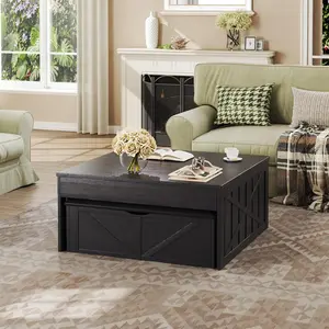 Coffee Table, 31.5 Lift Top Coffee Tables with Storage Hidden Compartment, Farmhouse Coffee Tables with Ottoman Bench, Center Table with Wooden Lift Tabletop for Living Room, Black