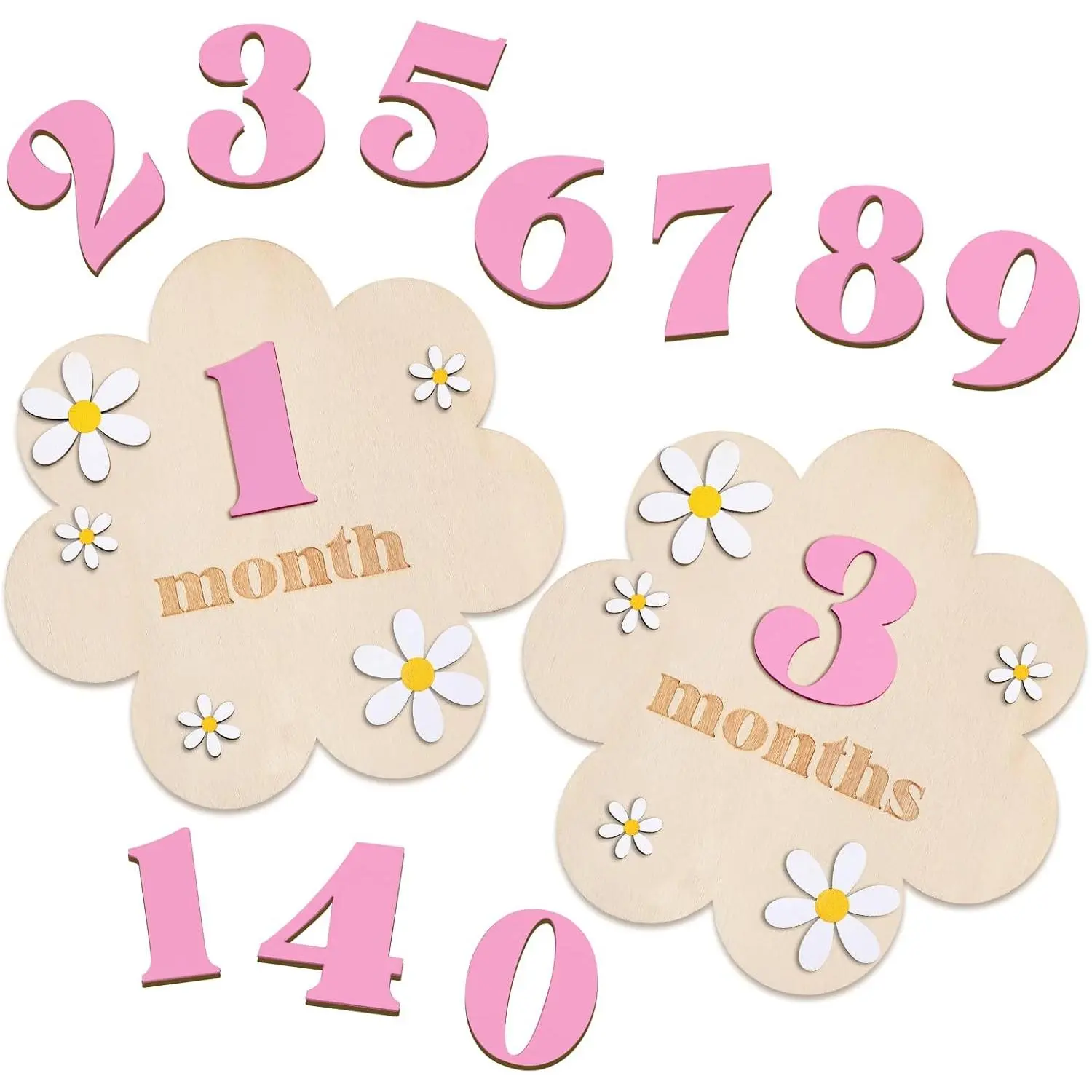 Wooden Daisy  Monthly Milestone Sign Cards 1-12 Months Interchangeable Monthly Milestone  Discs Announcement Sign for  Shower  Photo Props Gifts()