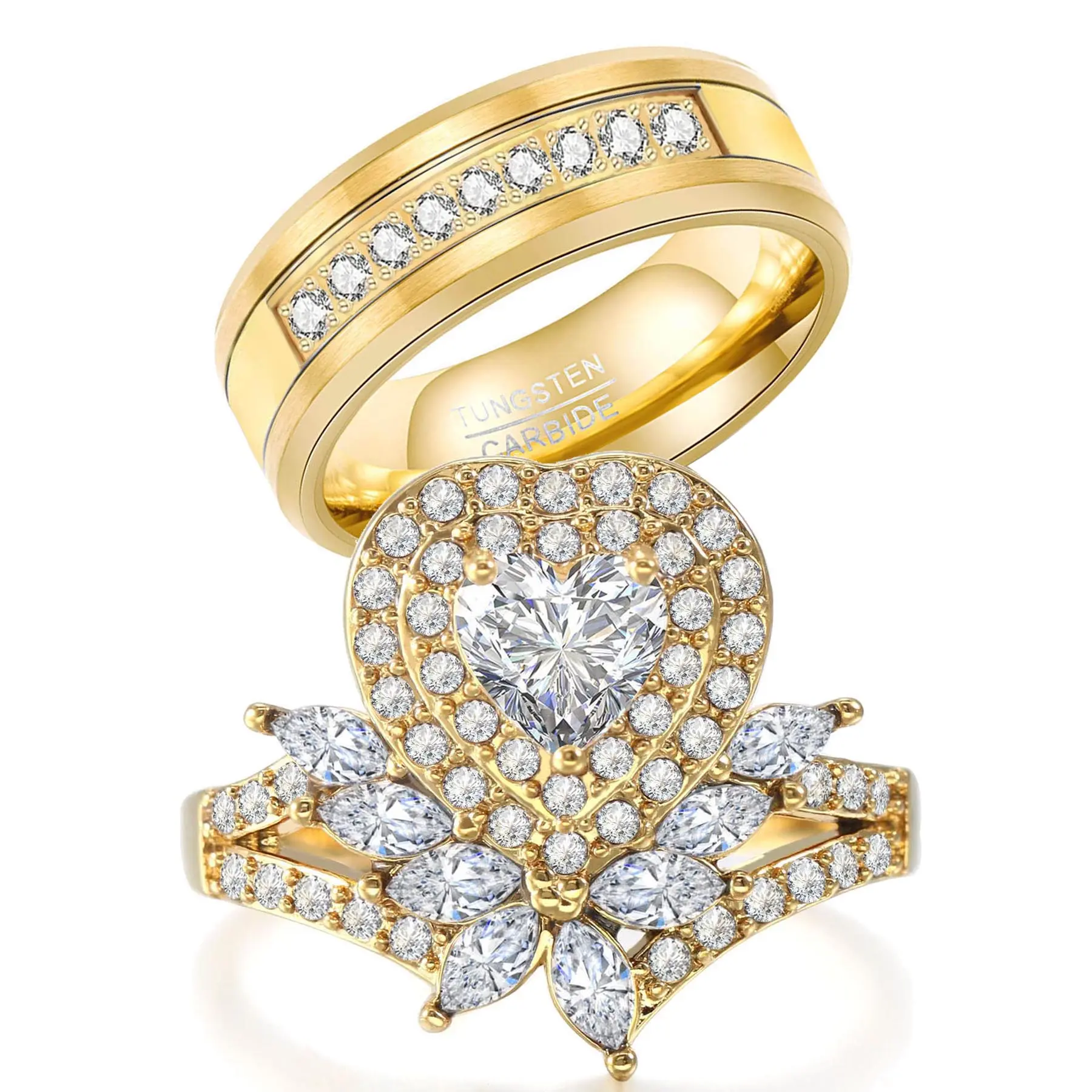vowsering 3CT CZ Wedding Ring Set for Women & Men Yellow Gold Plated Bridal Couple Rings Tungsten Ring Wedding Band