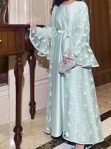 2025 Ramadan Promotion Shimmer Lace Abaya Set Women's Islamic Clothing Rose Pattern Lace Net Two-Piece Abaya Hand Wash Only