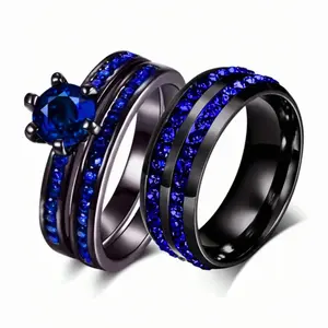 Fashionable Blue Couple Rings, Elegant Women's Engagement Ring, Simple Men's Wedding Bands, Meaningful Valentine's Day Gifts for Couples
