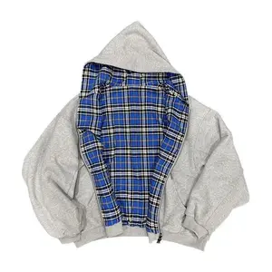 Grey Casual Spring Oversized Reversible Hoodies Women Men Streetwear Clothes Hoodie With Plaid Lining Sweatshirt Streetwear Tops Fashion Menswear Pullover Cotton Material Womenswear Sleeve