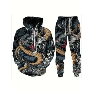 [2pcs Dragon Print Hoodie Set] 2pcs Dragon Pattern 3D Digital Print Hoodie and Sweatpants Set, Casual Crew Neck Polyester Lash Sets with Pockets, Slight Stretch Knit Fabric, Regular Fit for Fall/ Winter