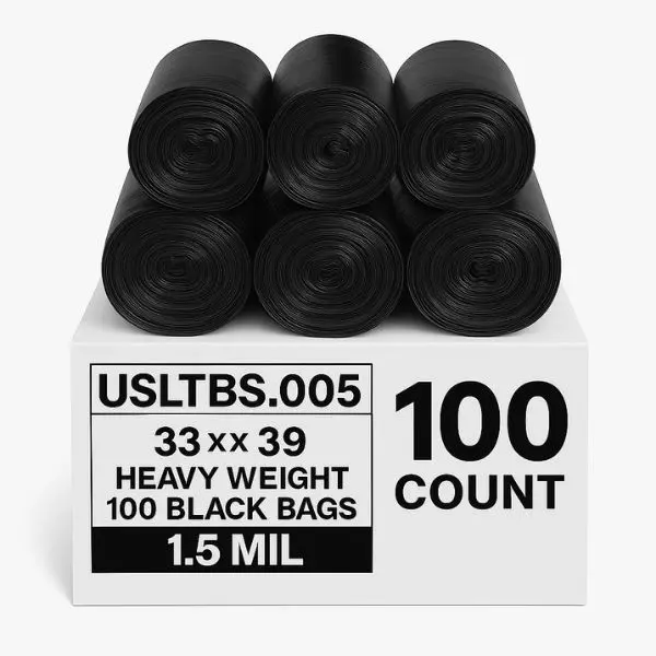 TP Plastic 33 Gallon Black Trash Bags – 100 Count, Heavy Duty 1.5 Mil, 33" x 39" – Strong Large Garbage Bags for Home, Office, Commercial Use