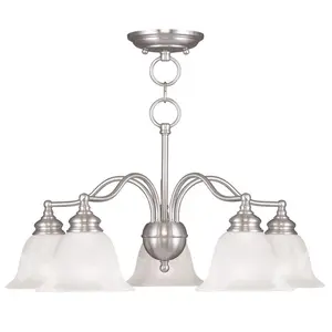 5 Light Brushed Nickel Chandelier/Ceiling Light fixture with White Alabaster Glass Shade