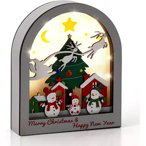 Light Up Wooden Christmas Village Scene with LED Lights – Snowman & Tree Holiday Decoration, Battery Powered Tabletop Winter Town Display for Home, Family, or Friends