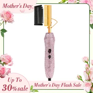 【Mother's Day】Diamond Electric Hot Comb Hair Straightener Hair Curler Curling Comb for Natural Hair Wigs Anti-Scald Case Adjustable Heat Multifunctional Styler