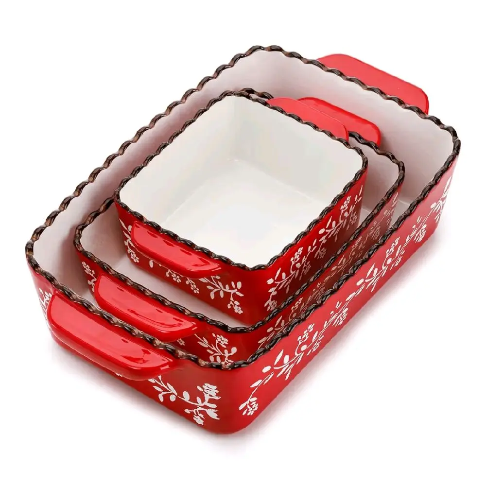 3 Pack Ceramic Bakeware Set, Porcelain Rectangular Baking Dish Lasagna Pans for Cooking, Kitchen, Casserole Dishes, Cake Dinner, 12 x 8.5 x 6 Inches of Baking Pans, Banquet and Daily Use, Red