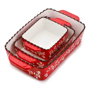 3 Pack Ceramic Bakeware Set, Porcelain Rectangular Baking Dish Lasagna Pans for Cooking, Kitchen, Casserole Dishes, Cake Dinner, 12 x 8.5 x 6 Inches of Baking Pans, Banquet and Daily Use, Red