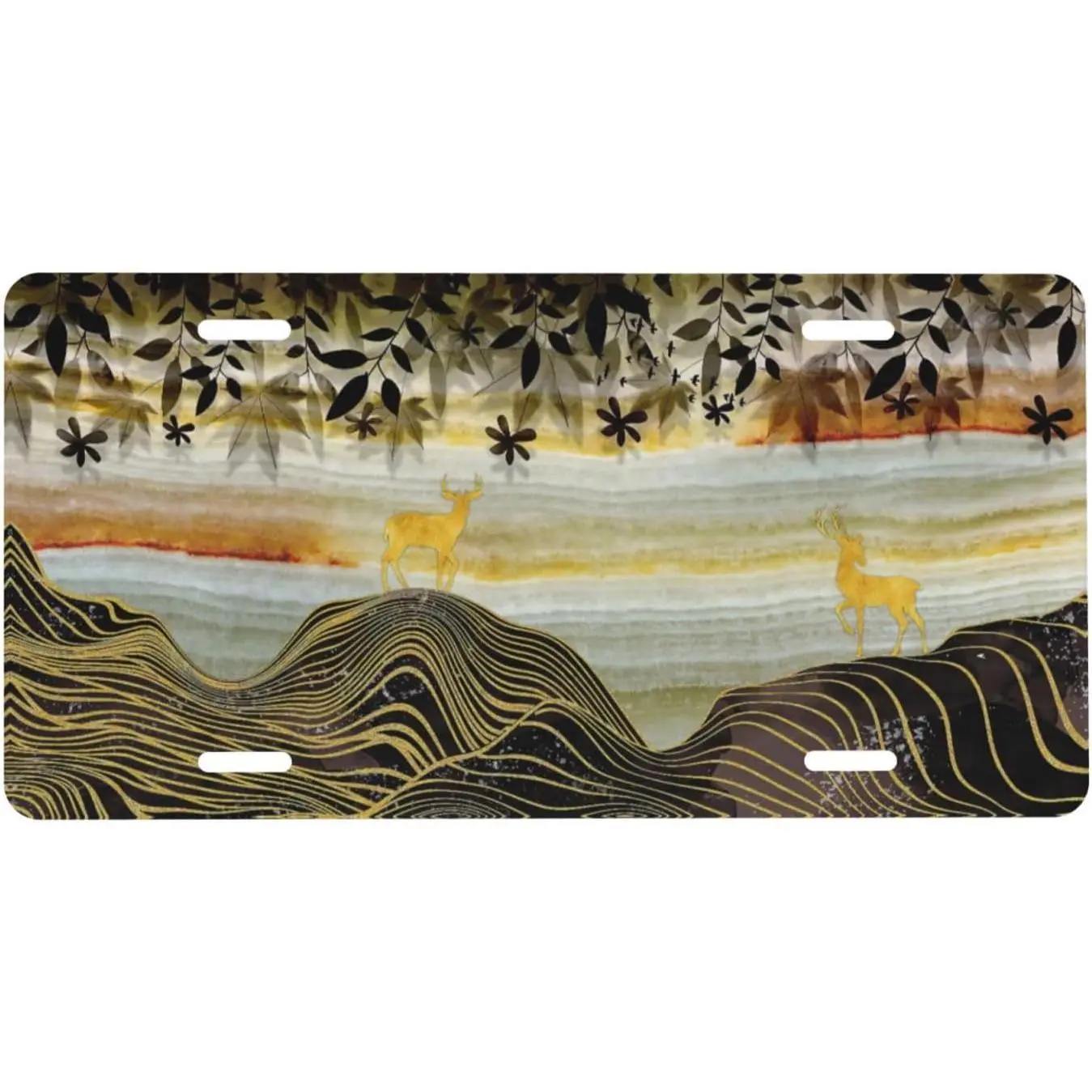 6x12 in Rust-Proof Aluminum Golden Deer Gold Marble Front License Plate Cover - Pre-Drilled 4-Holes, Weather-Resistant Outdoor Accessory, Wavy Lines, Leaf Branches, Luxury & Natural Beauty, Easy-Install for Truck/SUV, Gift for Outdoorsmen/Dad