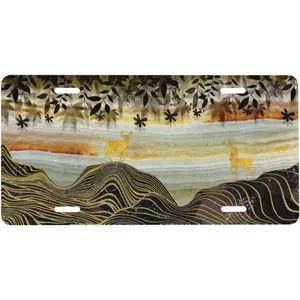 6x12 in Standard Size Golden Deer Gold Marble Aluminum Front License Plate - Outdoor, Wavy Lines & Leaf Branches Natural Theme Vanity Tag, Easy-Install 4-Hole Car Exterior Accessory for Truck, SUV