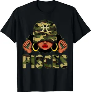 100% Cotton Pisces Queen Black Women Cap Hat Camo Afro Girl Zodiac T-Shirt