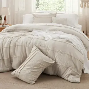 California King Comforter - 4 Pinch Pleat, Beige Boho for, 1 Comforter, 2 Pillowcases, 1 Decorative Pillow