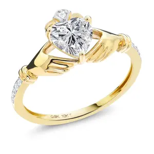10K Yellow Gold IGI Certified Lab Grown Diamond Irish Celtic Claddagh Engagement Ring For Women | 1.09 Cttw | Center Diamond Heart Shape 1 Ct | D-E Color | VS1-VS2 Clarity