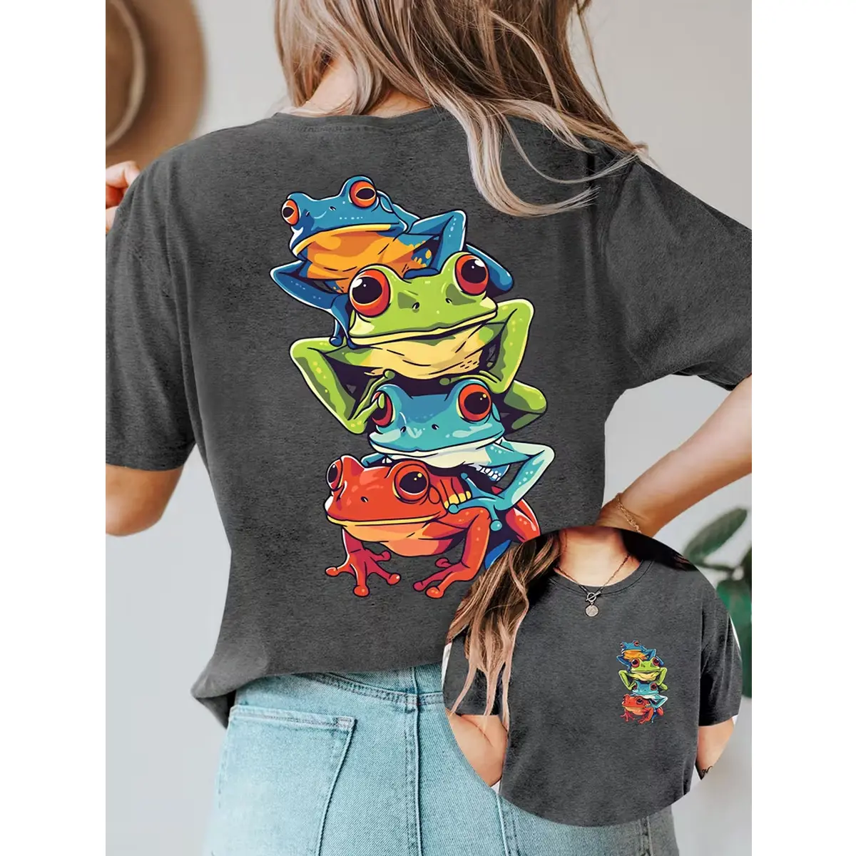 Women's Reversible Retro Frog Print T-Shirt - Soft Stretch Crew Neck Short Sleeve Top with Frog, Suitable for All- Casual Wear