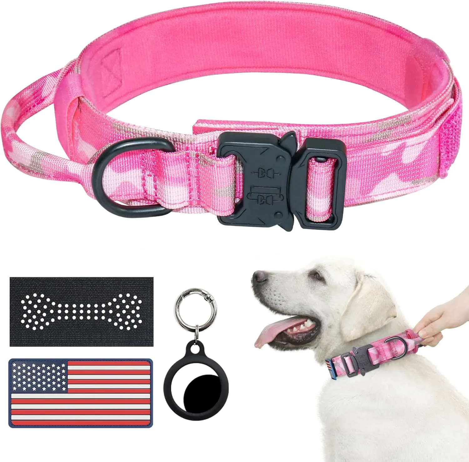 Tactical Dog Collar, Adjustable Military Training Nylon Airtag Collar with Handle and Heavy Duty Metal Buckle for Medium Large Dogs, with Airtag Holder and Two Patches(Pink Camo,M)