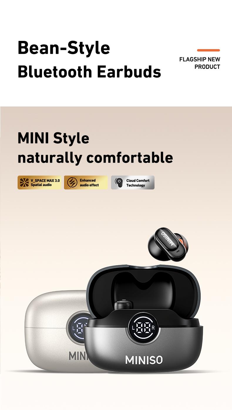 MINISO MS105 Wireless Bluetooth Headphones, Tiny Size Invisible Earbuds, Waterproof Headsets, Mini and Short Handle Design, for Work Sport Sleeping