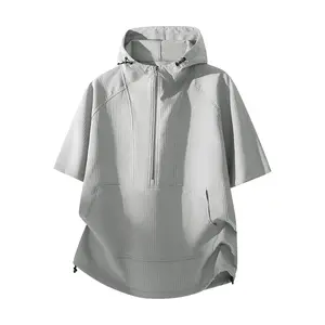 Men’s summer hooded half-zip short-sleeve T-shirt; men’s outdoor short-sleeve sun-protection, breathable solid-color versatile top; casual, stylish design; simple and cool look.