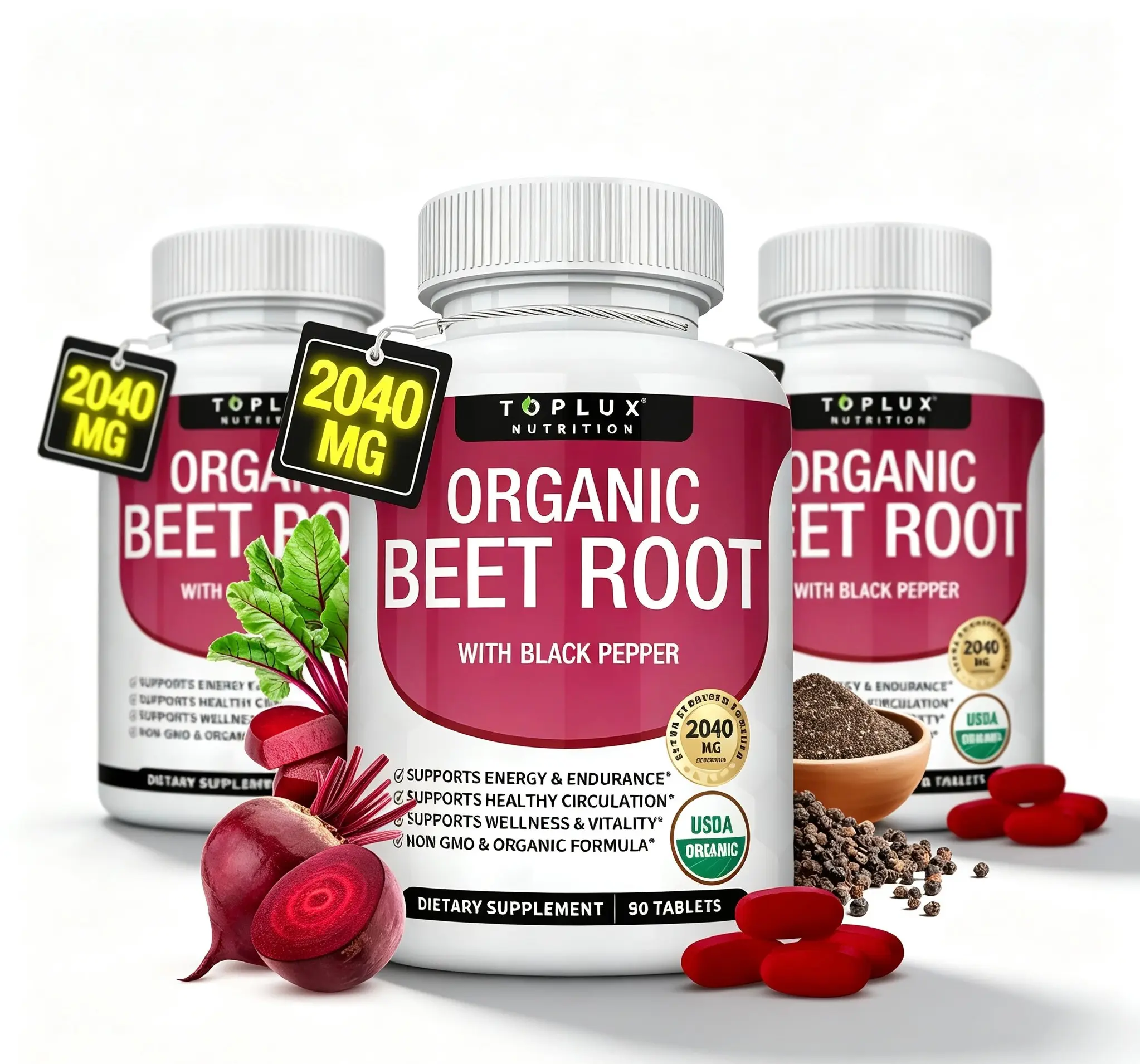 3-piece set Toplux Organic Beet Root Tablets - Nitric Oxide Booster Beetroot Supplement 2040mg