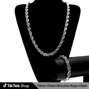 10mm Rope Chain Necklace with Bracelet Hip Hop Jewelry Set for Men Women Daily Wear Gift Accessory