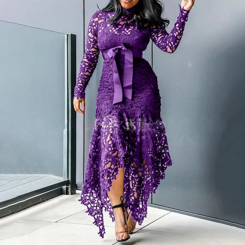 knee length dresses for ladies Floral Lace Satin Waistband Mini Dress in Lavender Purple  SOUR FIGS