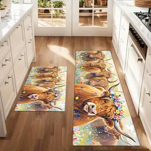 2Pcs Highland Cow Watercolor Flower Floor Mat Set in the Field Farmhouse Kitchen Carpet Restaurant Floor Laundry Room Decor Carpet Mat Home Decorative Rugs