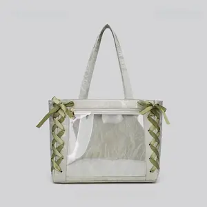 Aesthetic Ribbon Ita Tote Bag | White Oversized Shoulder Purse for Dates, Music Festivals & Hangouts | Stylish Bag That Complements Your Soft Girl Vibe