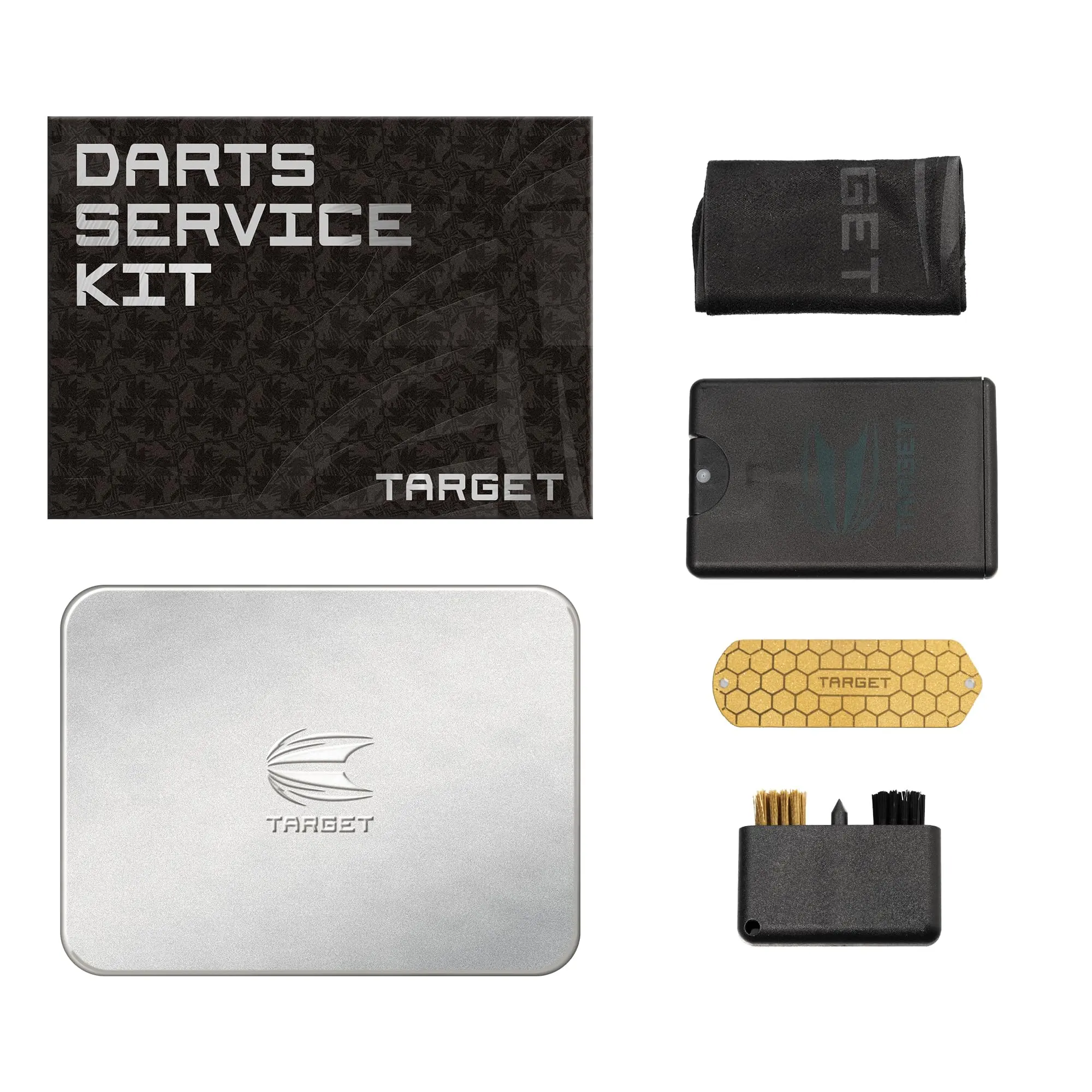 Target Darts Service Kit, Steel Tip Dart Metal Point Sharpener, Dual-Bristle Cleaning Blush, Spray Bottle with Cleaning Solution, Flannel Clean Cloth & Storage Tin, Dart Gift