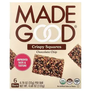MadeGood Crispy Squares, Chocolate Chip, 6 Bars, 0.78 oz (22 g) Each