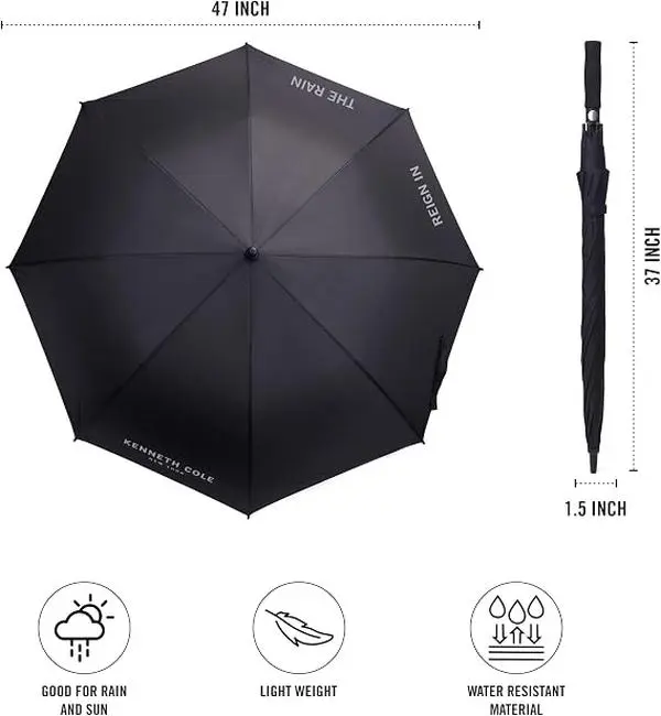 Kenneth Cole Automatic All-Weather Umbrella for Adults - Long Plastic Curved Handle, Portable Design with Travel Sleeve, Sturdy Alloy Steel Construction, Durable Black & Brown Finish, Silver Accents, 23.5 In, Long Handle