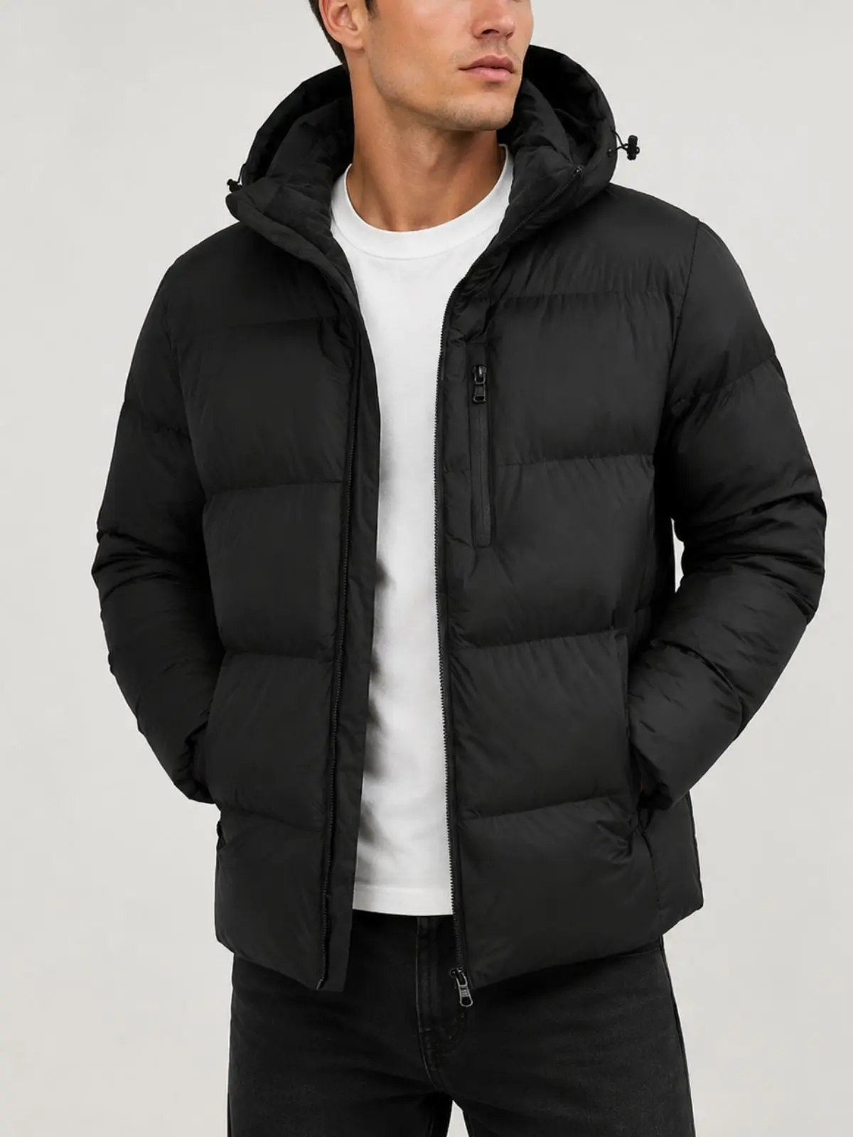 Men’s solid-color fleece-lined hooded cold-weather puffer jacket, casual zip-up outerwear for winter Coats Menswear