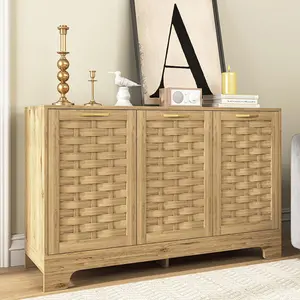 Sideboard Buffet Cabinet,Woven MDF Accent Storage Cabinet with 3 Door and Adjustable Shelves,Kitchen Cupboard Buffet Table,Entryway Table with Storage (3 Door)