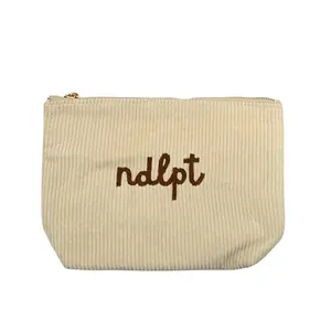 'ndlpt' Embroidered Corduroy Small Project Pouch - Creme