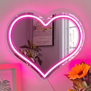Heart Shaped Mirror Neon Sign, USB Powered LED Neon Sign, Creative Love Heart Dimmable Neon Light for Room, Wedding, Anniversary Decoration, Led Neon Lights