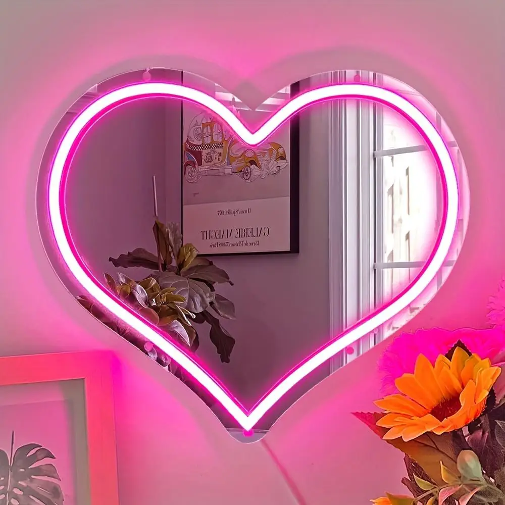 Heart Shaped Mirror Neon Sign, USB Powered LED Neon Sign, Creative Love Heart Dimmable Neon Light for Room, Wedding, Anniversary Decoration