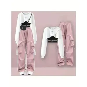 Spring and Autumn Work Style Set Women Loose Design Sweatshirt + Work Wide Leg Pants Three Piece Set