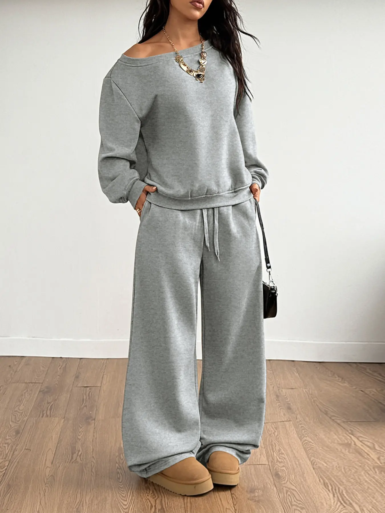 Women's Two Piece Lounge Set, Loungewear, Off Shoulder Long Sleeve Top Loose Fit Pullover Oversized with Drawstring Elastic Waist Wide Leg Pants Solid Brown Soft Cotton Blend Breathable Cozy Casual Streetwear Fall Winter