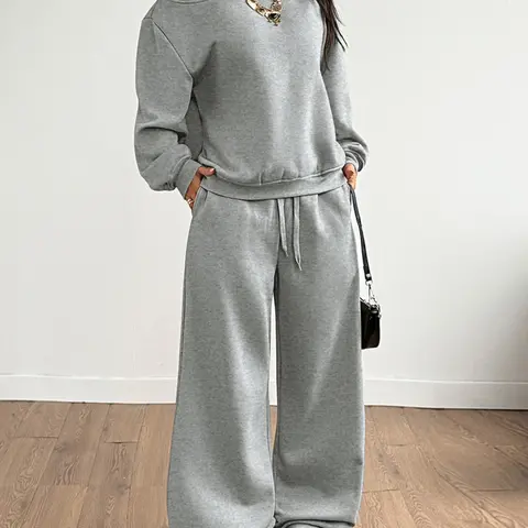 Women's Two Piece Lounge Set, Loungewear, Off Shoulder Long Sleeve Top Loose Fit Pullover Oversized with Drawstring Elastic Waist Wide Leg Pants Solid Brown Soft Cotton Blend Breathable Cozy Casual Streetwear Fall Winter