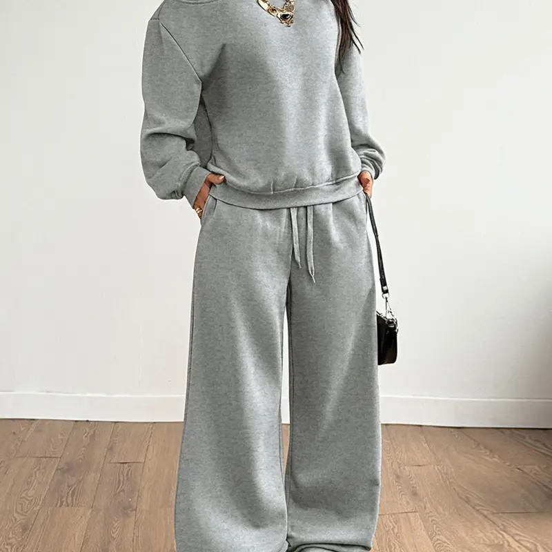 Women's Two Piece Lounge Set, Loungewear, Off Shoulder Long Sleeve Top Loose Fit Pullover Oversized with Drawstring Elastic Waist Wide Leg Pants Solid Brown Soft Cotton Blend Breathable Cozy Casual Streetwear Fall Winter