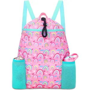 Rainbow Drawstring Backpack for  - Drawstring Bags for Girls Swim Bag for Beach Swimming Pool Lightweight Draw String Bags   Gym Bag With Two Water Bottle Holder
